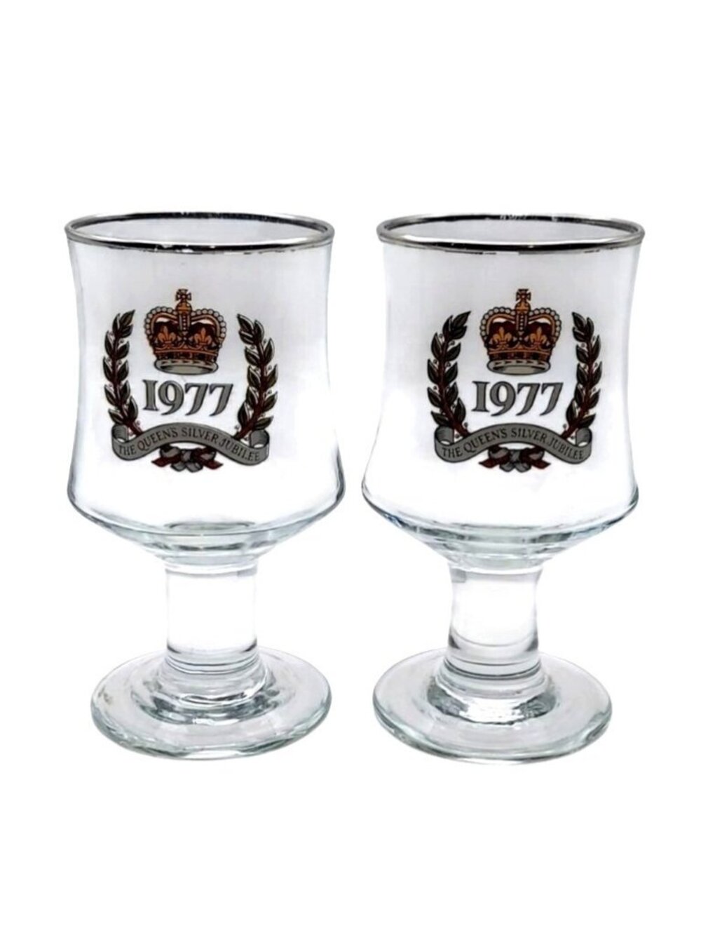 Vintage Queens Silver Jubilee Glass Goblet Silver Rim 1977 Elizabeth II Set of 2